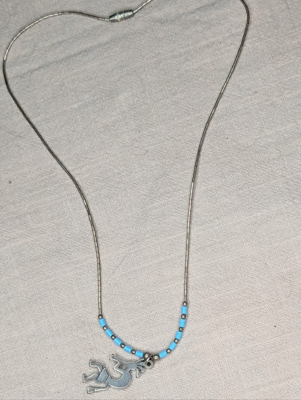 Vintage 925 Sterling Silver Kokopelli Pendant Necklace with Turquoise Beads